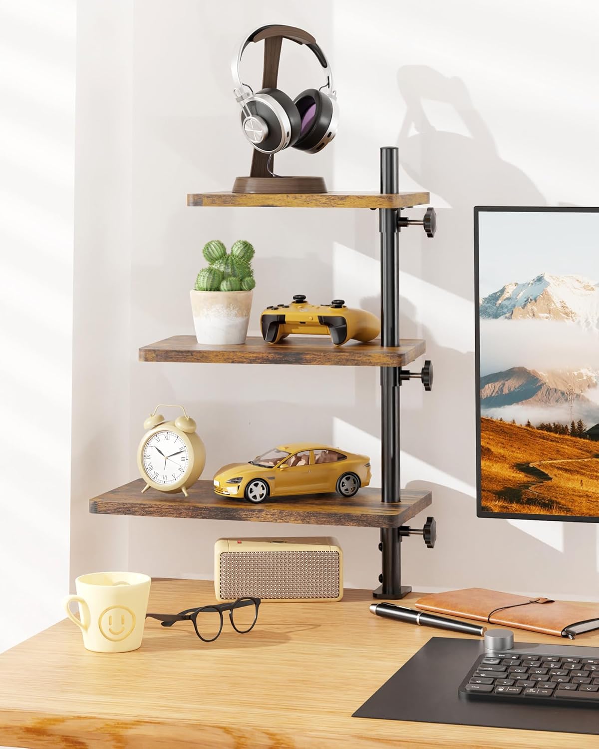 Clamp On Desk Shelf 2-Tier, 12.6 inche Wood Shelving Unit for Office Desk/Gaming Accessories, Tabletop Book Storage Rack, Shelf for Top & Under of Desk, Brown