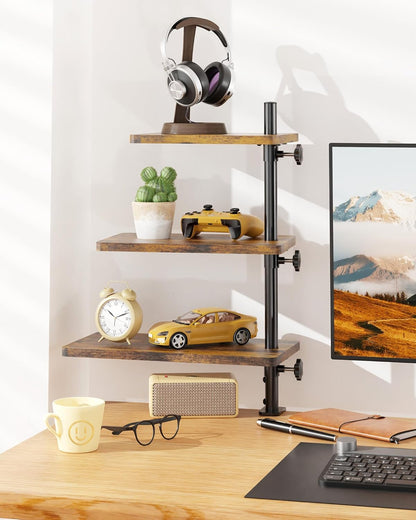 Clamp On Desk Shelf 2-Tier, 12.6 inche Wood Shelving Unit for Office Desk/Gaming Accessories, Tabletop Book Storage Rack, Shelf for Top & Under of Desk, Brown
