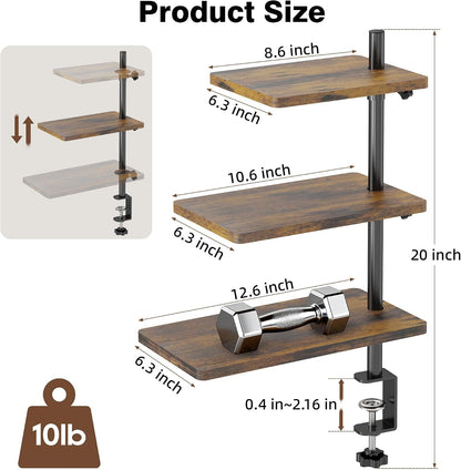 Clamp On Desk Shelf 2-Tier, 12.6 inche Wood Shelving Unit for Office Desk/Gaming Accessories, Tabletop Book Storage Rack, Shelf for Top & Under of Desk, Brown