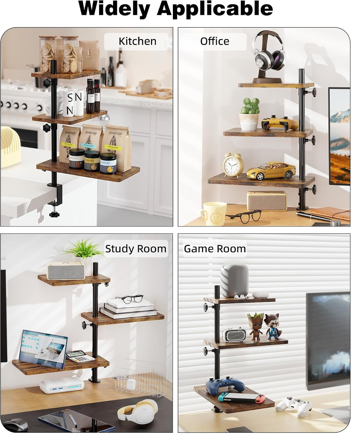 Clamp On Desk Shelf 2-Tier, 12.6 inche Wood Shelving Unit for Office Desk/Gaming Accessories, Tabletop Book Storage Rack, Shelf for Top & Under of Desk, Brown