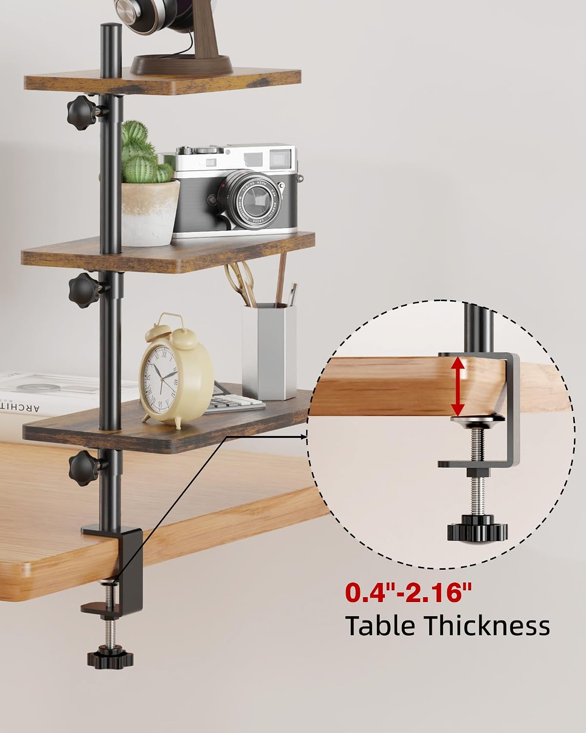 Clamp On Desk Shelf 2-Tier, 12.6 inche Wood Shelving Unit for Office Desk/Gaming Accessories, Tabletop Book Storage Rack, Shelf for Top & Under of Desk, Brown