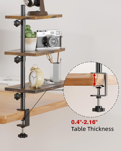 Clamp On Desk Shelf 2-Tier, 12.6 inche Wood Shelving Unit for Office Desk/Gaming Accessories, Tabletop Book Storage Rack, Shelf for Top & Under of Desk, Brown