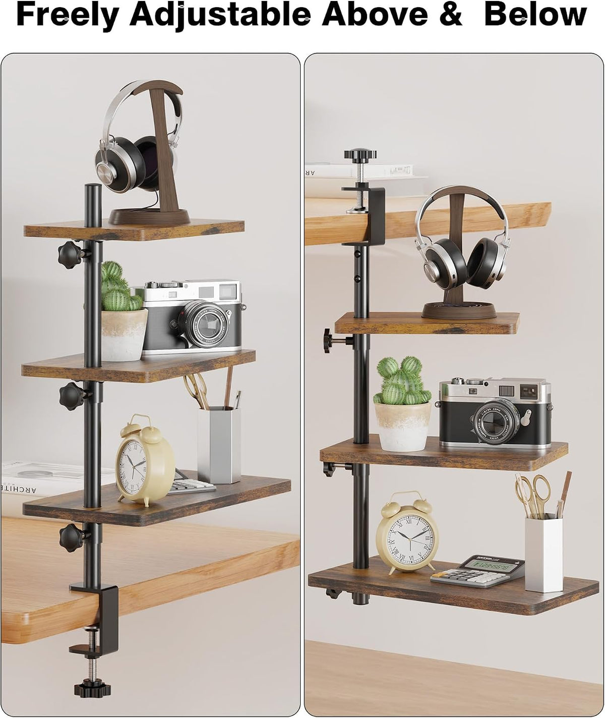 Clamp On Desk Shelf 2-Tier, 12.6 inche Wood Shelving Unit for Office Desk/Gaming Accessories, Tabletop Book Storage Rack, Shelf for Top & Under of Desk, Brown