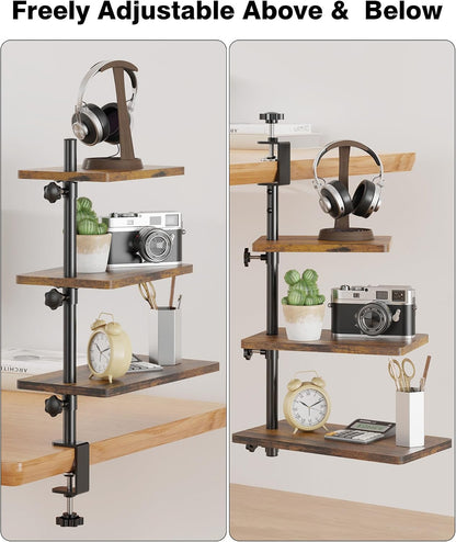 Clamp On Desk Shelf 2-Tier, 12.6 inche Wood Shelving Unit for Office Desk/Gaming Accessories, Tabletop Book Storage Rack, Shelf for Top & Under of Desk, Brown