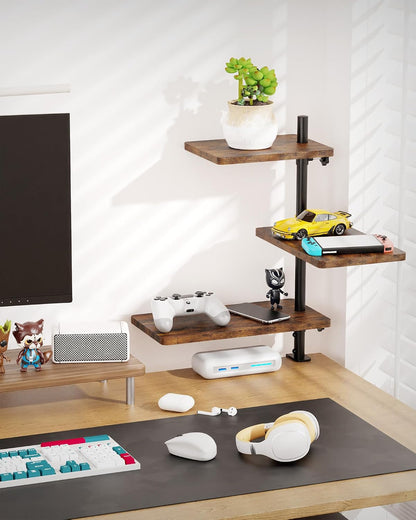 Clamp On Desk Shelf 2-Tier, 12.6 inche Wood Shelving Unit for Office Desk/Gaming Accessories, Tabletop Book Storage Rack, Shelf for Top & Under of Desk, Brown