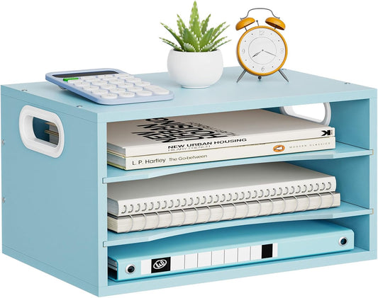3 Tier Wood Desk Organizer,Desk Paper Letter Tray Organizer，Blue