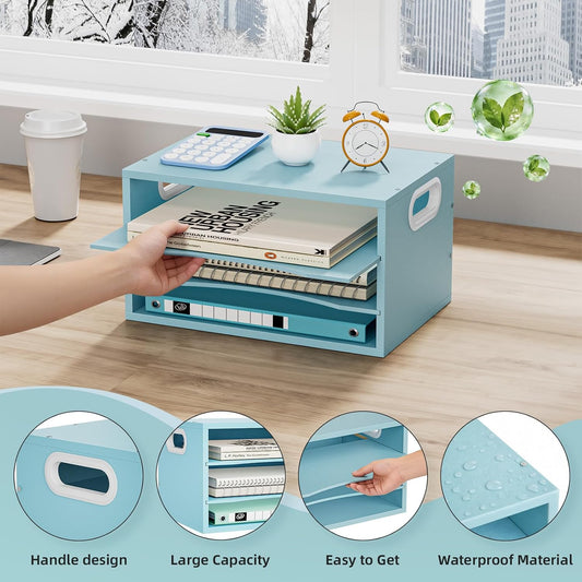 3 Tier Wood Desk Organizer,Desk Paper Letter Tray Organizer，Blue