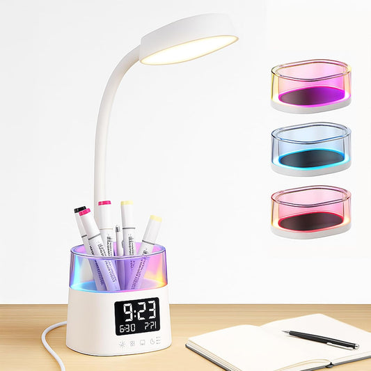 Led Desk Lamp with Pen Holder, Touch Lamps for Nightstand with 3 Color Modes, Eye-Caring Bedside Reading Light with Clock, Office Lamps Stepless Dimming, Lamp for Dorm Room, Suitable for Kid/Girl/Boy