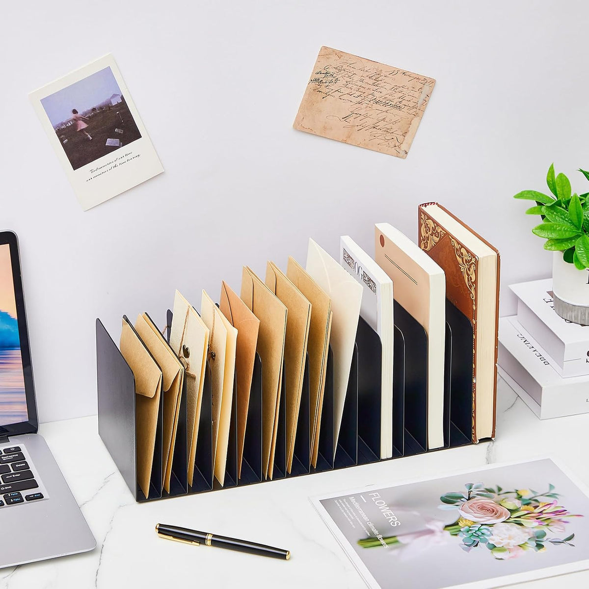 2 Pcs Vertical Metal Desktop File Organizer, 15 Compartment, Black