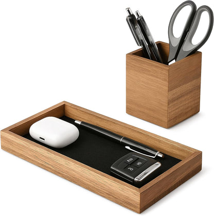 Wooden Desk Organizer Tray, Pencil Holder with Felt Lining