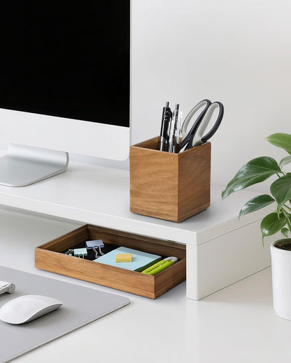 Wooden Desk Organizer Tray, Pencil Holder with Felt Lining