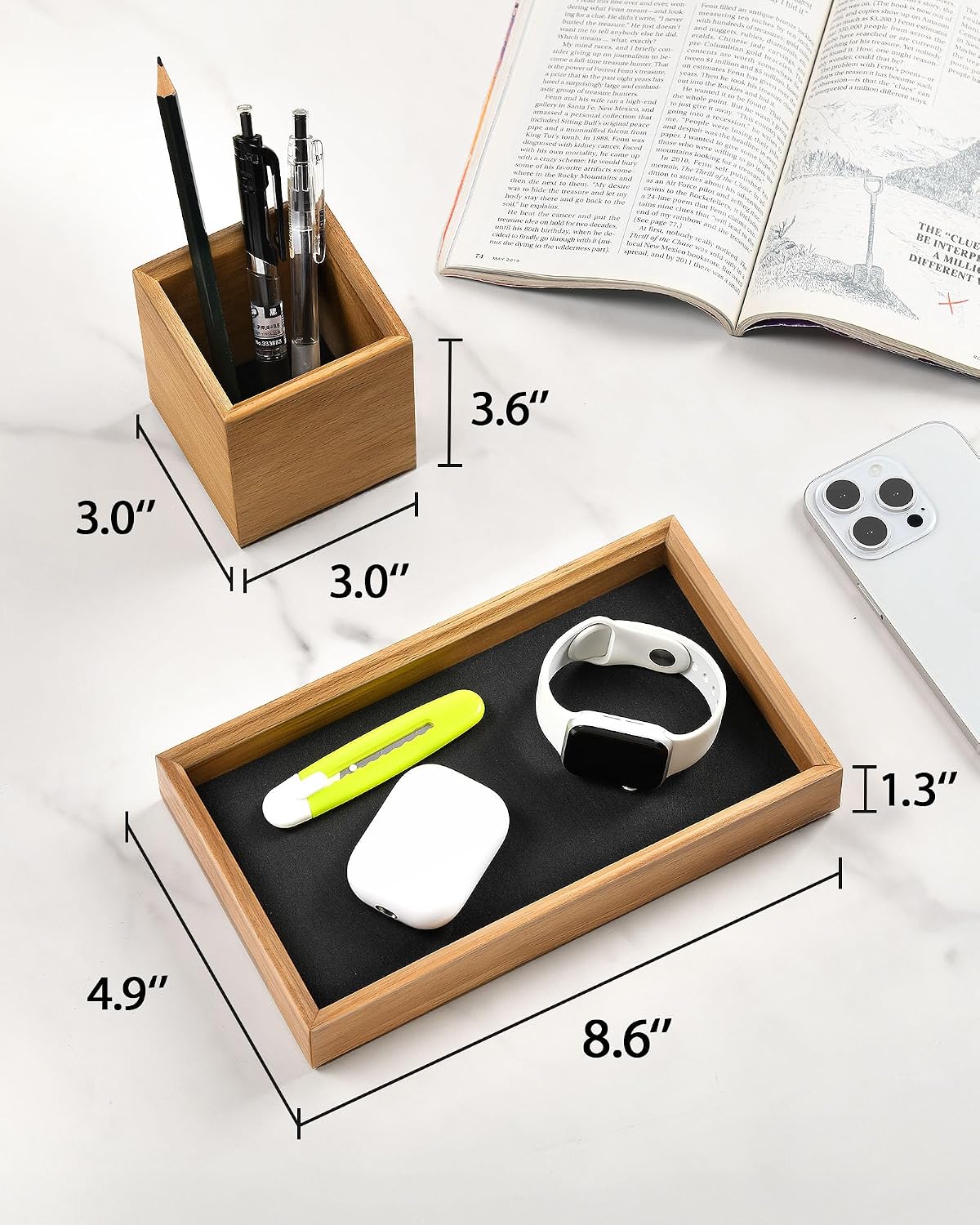 Wooden Desk Organizer Tray, Pencil Holder with Felt Lining