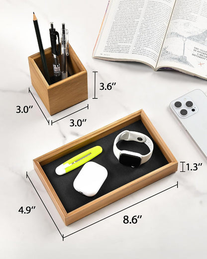 Wooden Desk Organizer Tray, Pencil Holder with Felt Lining