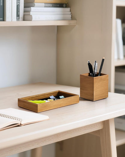 Wooden Desk Organizer Tray, Pencil Holder with Felt Lining