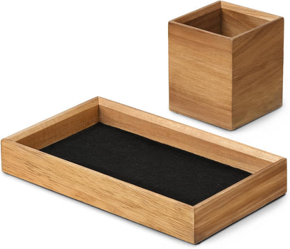 Wooden Desk Organizer Tray, Pencil Holder with Felt Lining