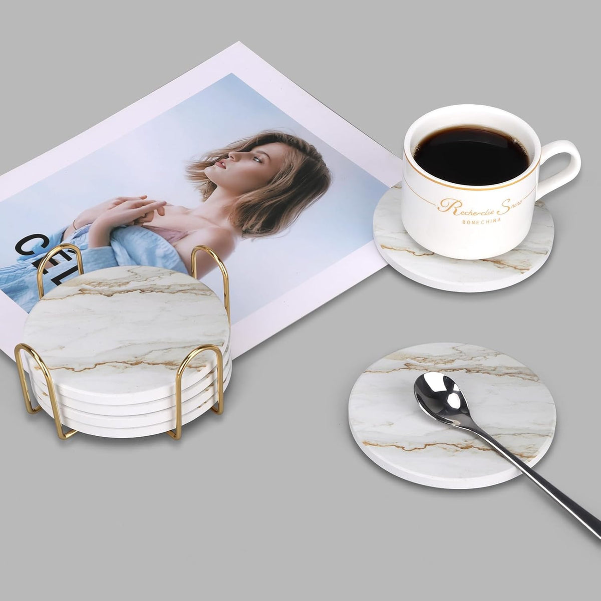 Coasters Set of 6 with Holder for Dining Table Decor Absorbent Coasters