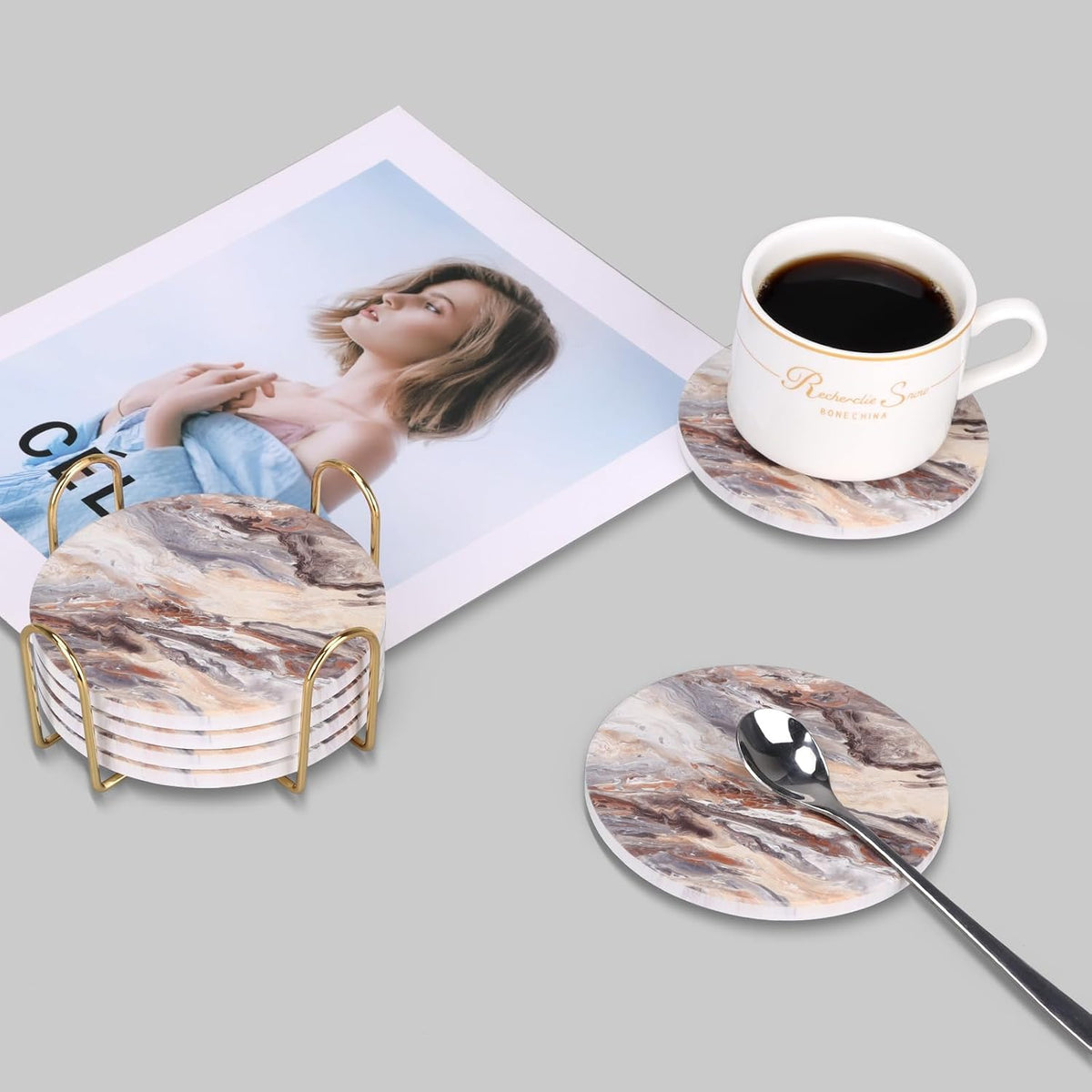 Coasters Set of 6 with Holder for Dining Table Decor Absorbent Coasters