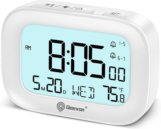Small Travel Alarm Clock, Digital Alarm Clocks for Bedrooms Home Office, Battery Operated Desk Clock with 3 Inch Large Display, 2 Alarms, 5s Backlight, Snooze, Indoor Temperature, White