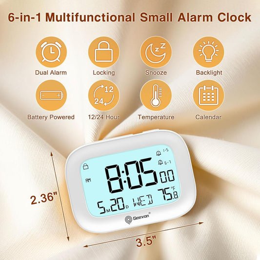 Small Travel Alarm Clock, Digital Alarm Clocks for Bedrooms Home Office, Battery Operated Desk Clock with 3 Inch Large Display, 2 Alarms, 5s Backlight, Snooze, Indoor Temperature, White
