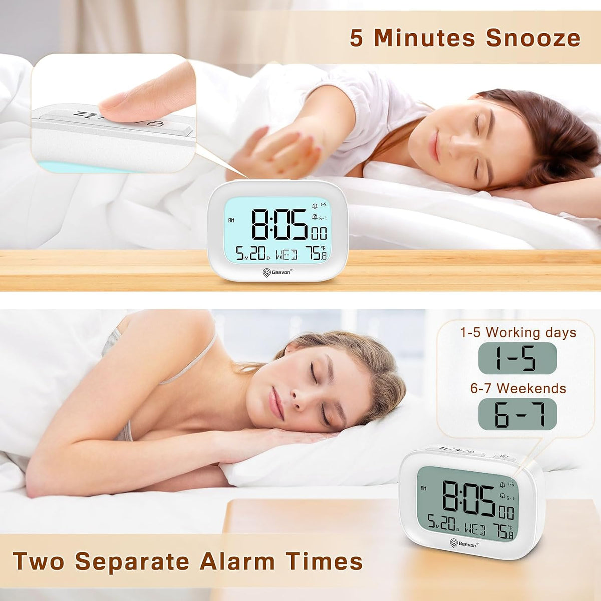 Small Travel Alarm Clock, Digital Alarm Clocks for Bedrooms Home Office, Battery Operated Desk Clock with 3 Inch Large Display, 2 Alarms, 5s Backlight, Snooze, Indoor Temperature, White