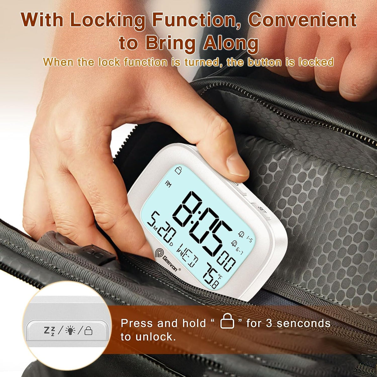 Small Travel Alarm Clock, Digital Alarm Clocks for Bedrooms Home Office, Battery Operated Desk Clock with 3 Inch Large Display, 2 Alarms, 5s Backlight, Snooze, Indoor Temperature, White
