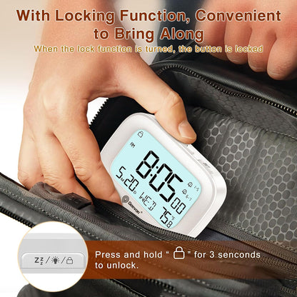 Small Travel Alarm Clock, Digital Alarm Clocks for Bedrooms Home Office, Battery Operated Desk Clock with 3 Inch Large Display, 2 Alarms, 5s Backlight, Snooze, Indoor Temperature, White