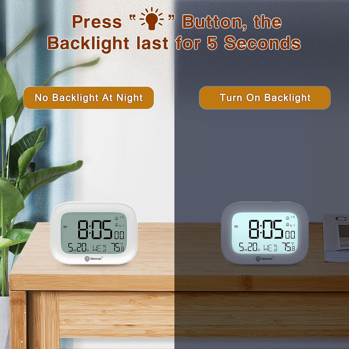 Small Travel Alarm Clock, Digital Alarm Clocks for Bedrooms Home Office, Battery Operated Desk Clock with 3 Inch Large Display, 2 Alarms, 5s Backlight, Snooze, Indoor Temperature, White