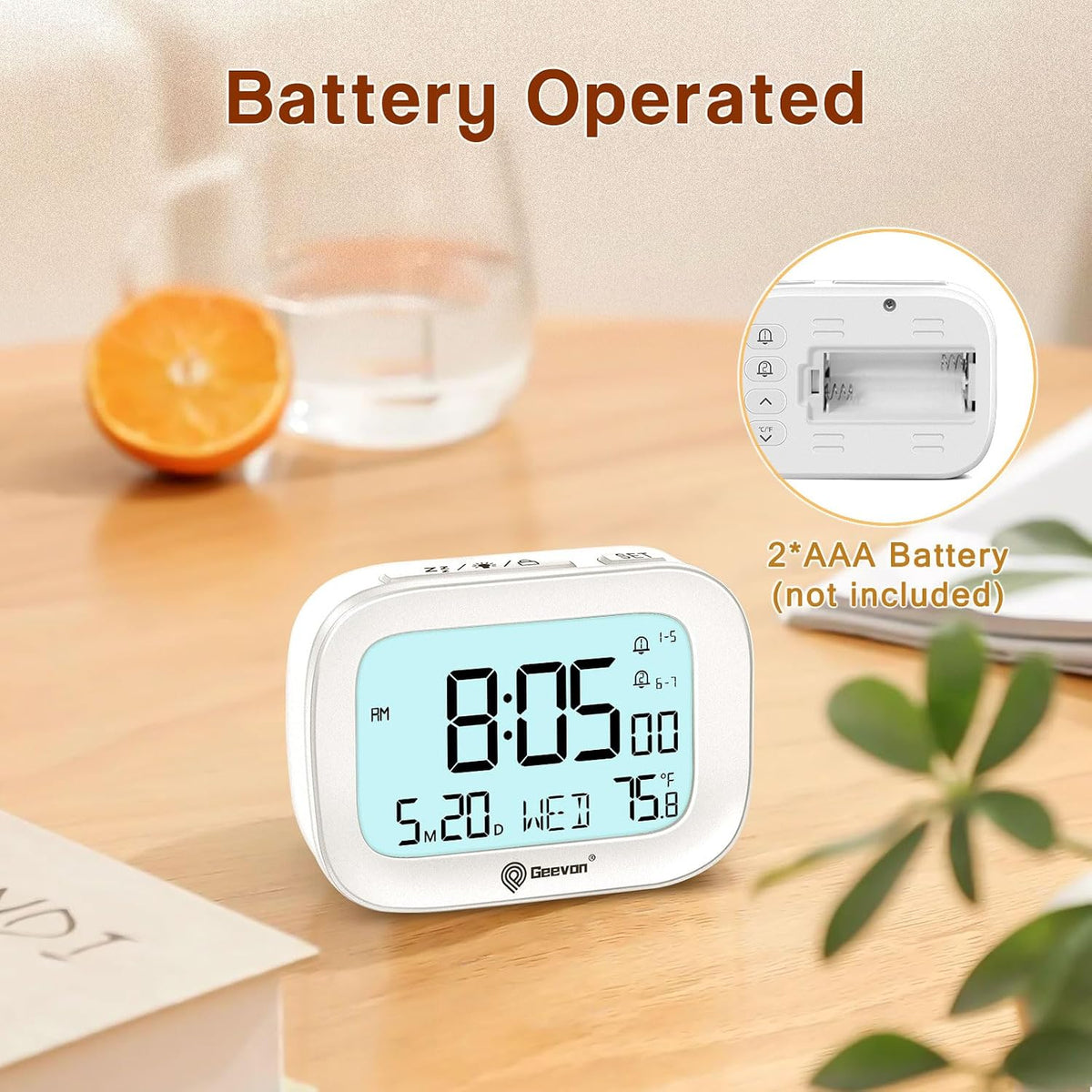 Small Travel Alarm Clock, Digital Alarm Clocks for Bedrooms Home Office, Battery Operated Desk Clock with 3 Inch Large Display, 2 Alarms, 5s Backlight, Snooze, Indoor Temperature, White