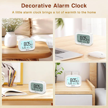 Small Travel Alarm Clock, Digital Alarm Clocks for Bedrooms Home Office, Battery Operated Desk Clock with 3 Inch Large Display, 2 Alarms, 5s Backlight, Snooze, Indoor Temperature, White