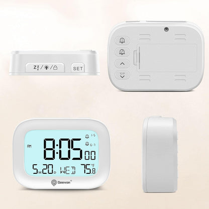 Small Travel Alarm Clock, Digital Alarm Clocks for Bedrooms Home Office, Battery Operated Desk Clock with 3 Inch Large Display, 2 Alarms, 5s Backlight, Snooze, Indoor Temperature, White