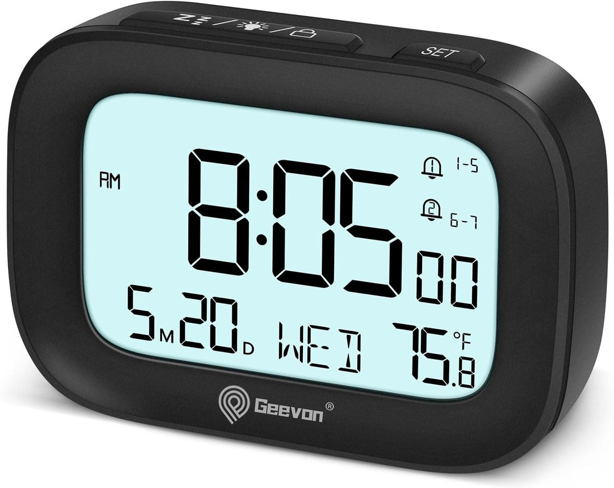 Small Travel Alarm Clock, Digital Alarm Clocks for Bedrooms Home Office, Battery Operated Desk Clock with 3 Inch Large Display, 2 Alarms, 5s Backlight, Snooze, Indoor Temperature, White