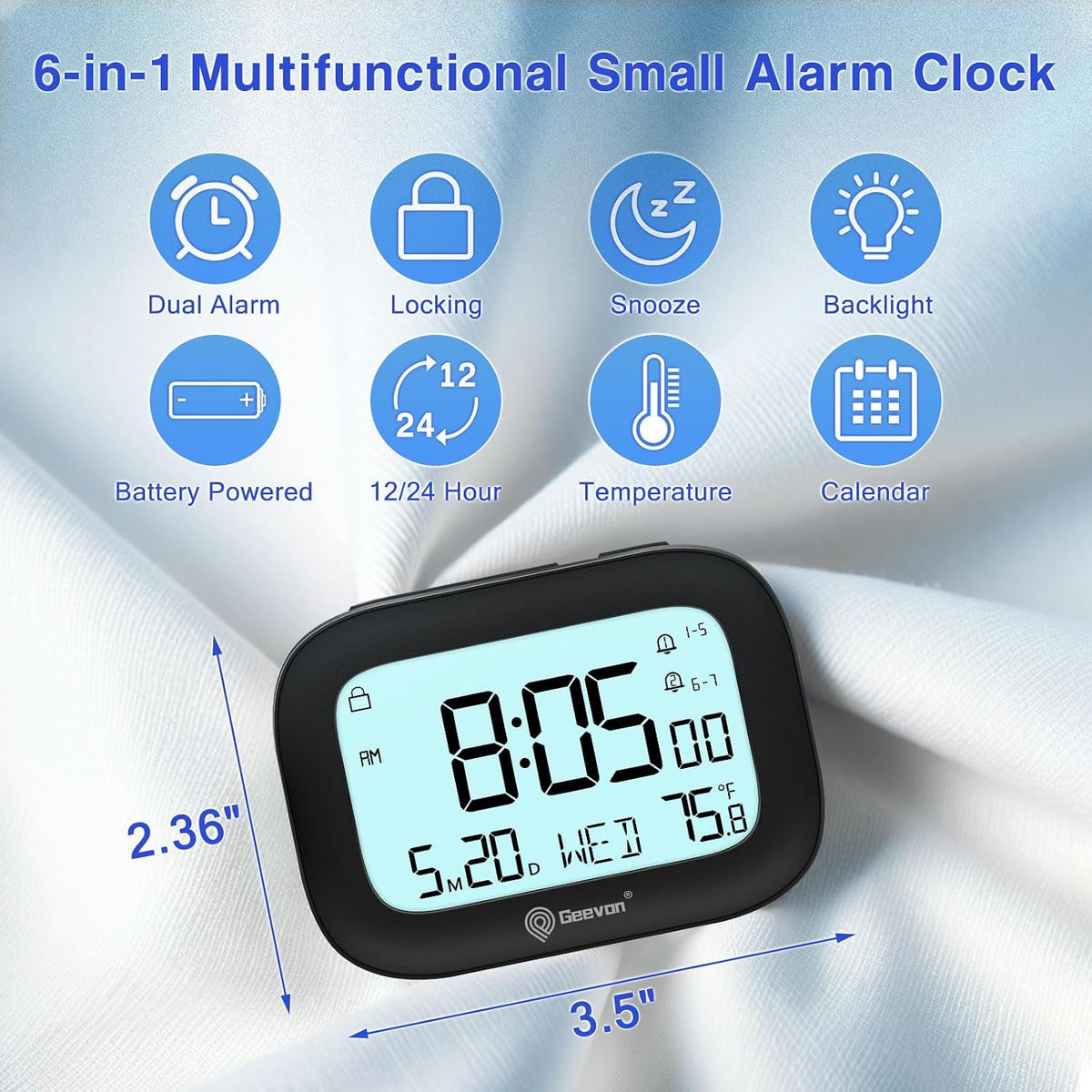 Small Travel Alarm Clock, Digital Alarm Clocks for Bedrooms Home Office, Battery Operated Desk Clock with 3 Inch Large Display, 2 Alarms, 5s Backlight, Snooze, Indoor Temperature, White