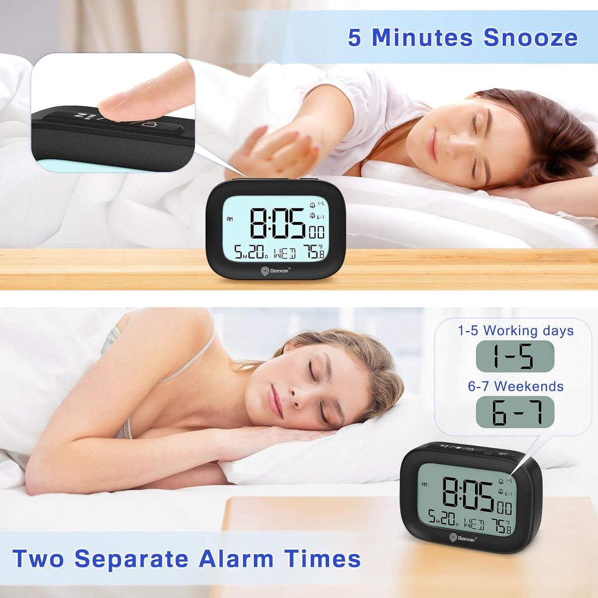 Small Travel Alarm Clock, Digital Alarm Clocks for Bedrooms Home Office, Battery Operated Desk Clock with 3 Inch Large Display, 2 Alarms, 5s Backlight, Snooze, Indoor Temperature, White