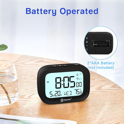 Small Travel Alarm Clock, Digital Alarm Clocks for Bedrooms Home Office, Battery Operated Desk Clock with 3 Inch Large Display, 2 Alarms, 5s Backlight, Snooze, Indoor Temperature, White
