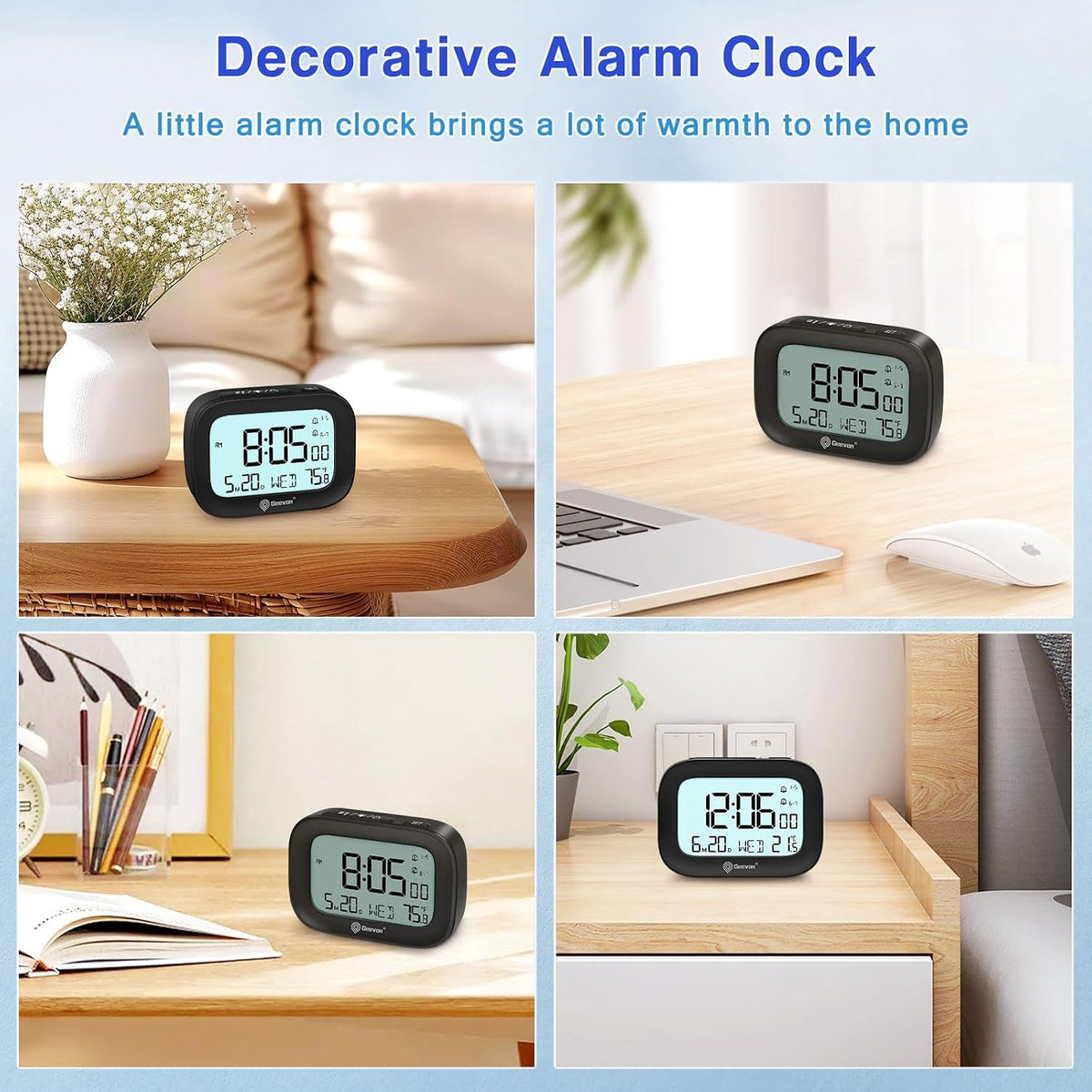 Small Travel Alarm Clock, Digital Alarm Clocks for Bedrooms Home Office, Battery Operated Desk Clock with 3 Inch Large Display, 2 Alarms, 5s Backlight, Snooze, Indoor Temperature, White