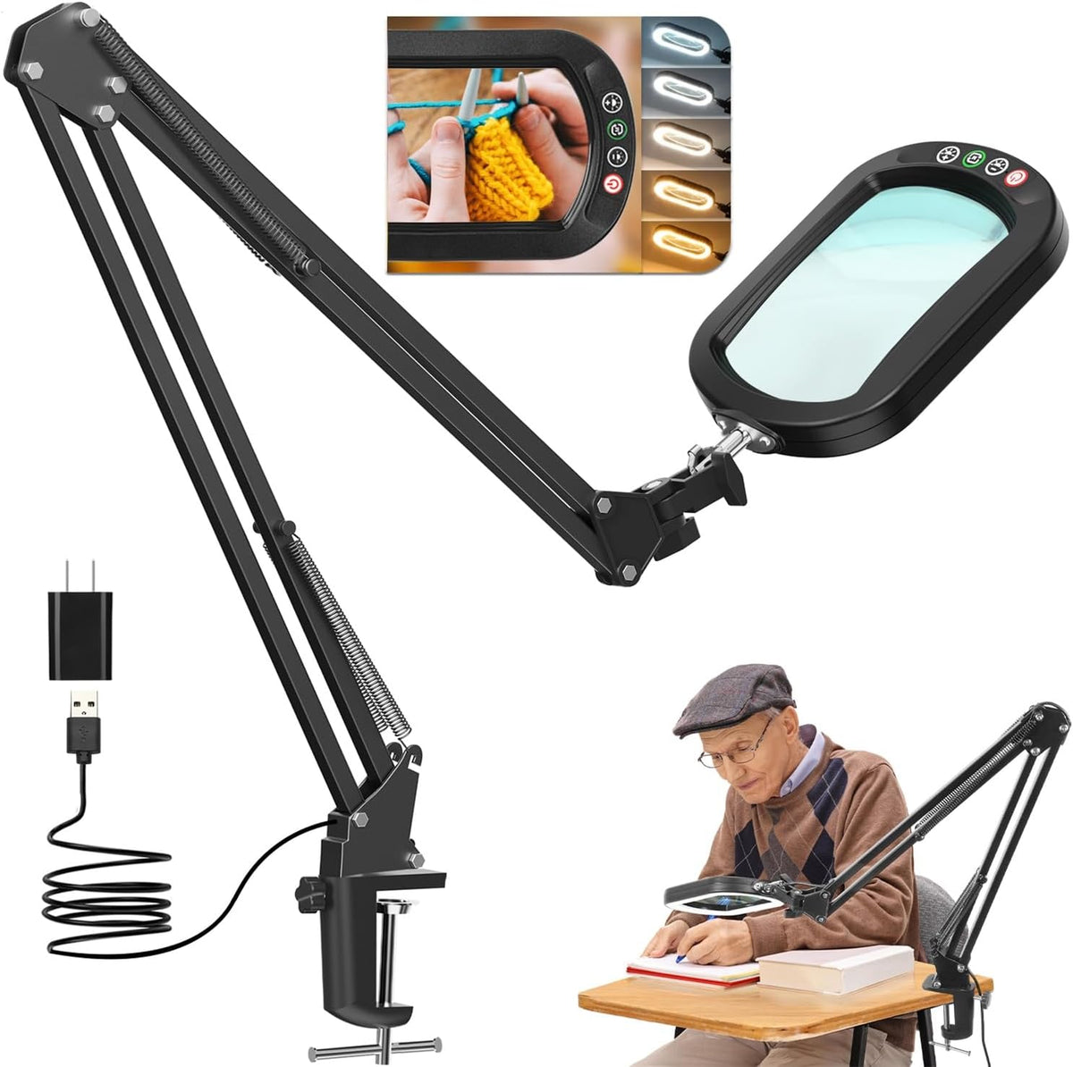 10X Large Magnifying Glass with Light and Clamp, Real Glass, 5 Color Modes, Stepless Dimmable, Lighted Magnifier with Stand Hands Free, LED Swing Arm Desk Lamp for Close Work, Craft, Reading, Painting