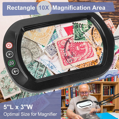10X Large Magnifying Glass with Light and Clamp, Real Glass, 5 Color Modes, Stepless Dimmable, Lighted Magnifier with Stand Hands Free, LED Swing Arm Desk Lamp for Close Work, Craft, Reading, Painting