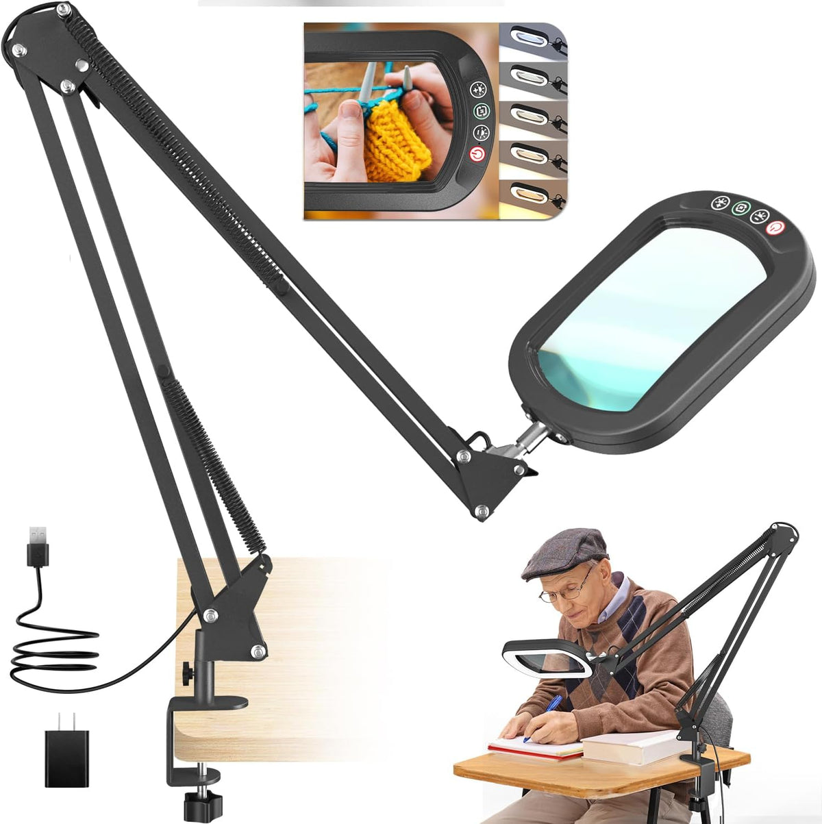 10X Large Magnifying Glass with Light and Clamp, Real Glass, 5 Color Modes, Stepless Dimmable, Lighted Magnifier with Stand Hands Free, LED Swing Arm Desk Lamp for Close Work, Craft, Reading, Painting