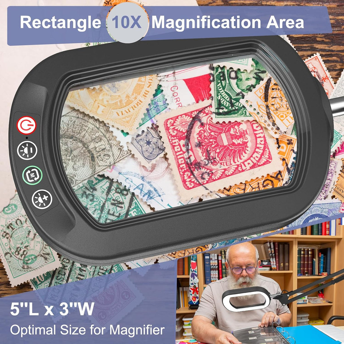 10X Large Magnifying Glass with Light and Clamp, Real Glass, 5 Color Modes, Stepless Dimmable, Lighted Magnifier with Stand Hands Free, LED Swing Arm Desk Lamp for Close Work, Craft, Reading, Painting
