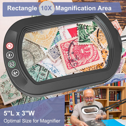 10X Large Magnifying Glass with Light and Clamp, Real Glass, 5 Color Modes, Stepless Dimmable, Lighted Magnifier with Stand Hands Free, LED Swing Arm Desk Lamp for Close Work, Craft, Reading, Painting