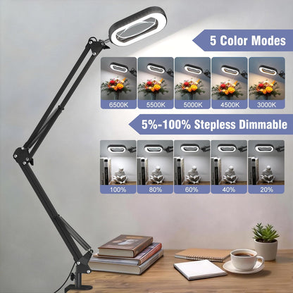 10X Large Magnifying Glass with Light and Clamp, Real Glass, 5 Color Modes, Stepless Dimmable, Lighted Magnifier with Stand Hands Free, LED Swing Arm Desk Lamp for Close Work, Craft, Reading, Painting