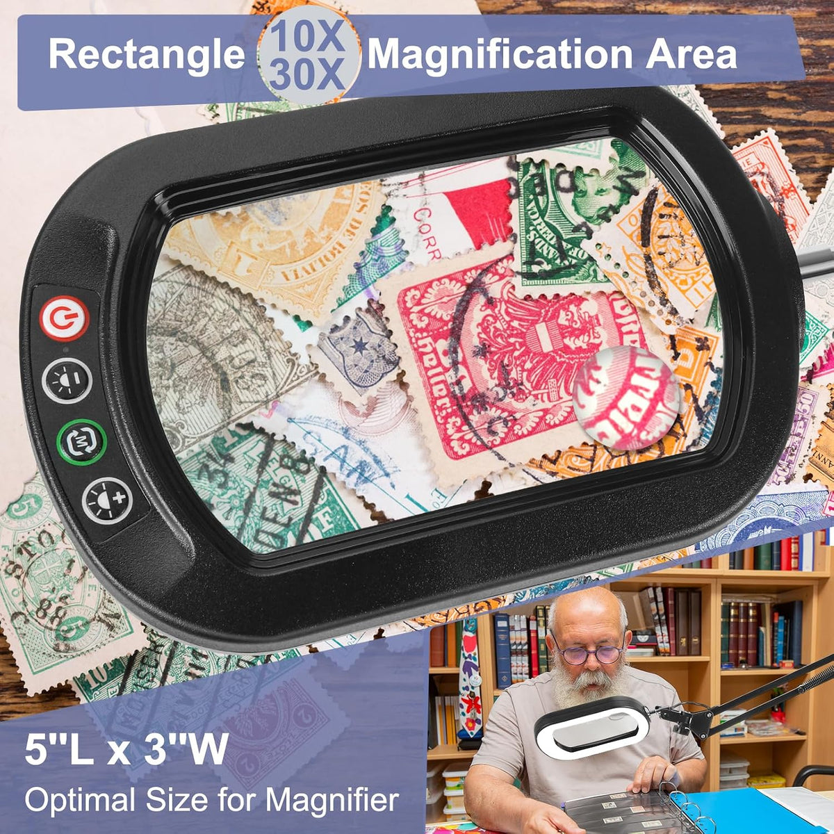 10X Large Magnifying Glass with Light and Clamp, Real Glass, 5 Color Modes, Stepless Dimmable, Lighted Magnifier with Stand Hands Free, LED Swing Arm Desk Lamp for Close Work, Craft, Reading, Painting