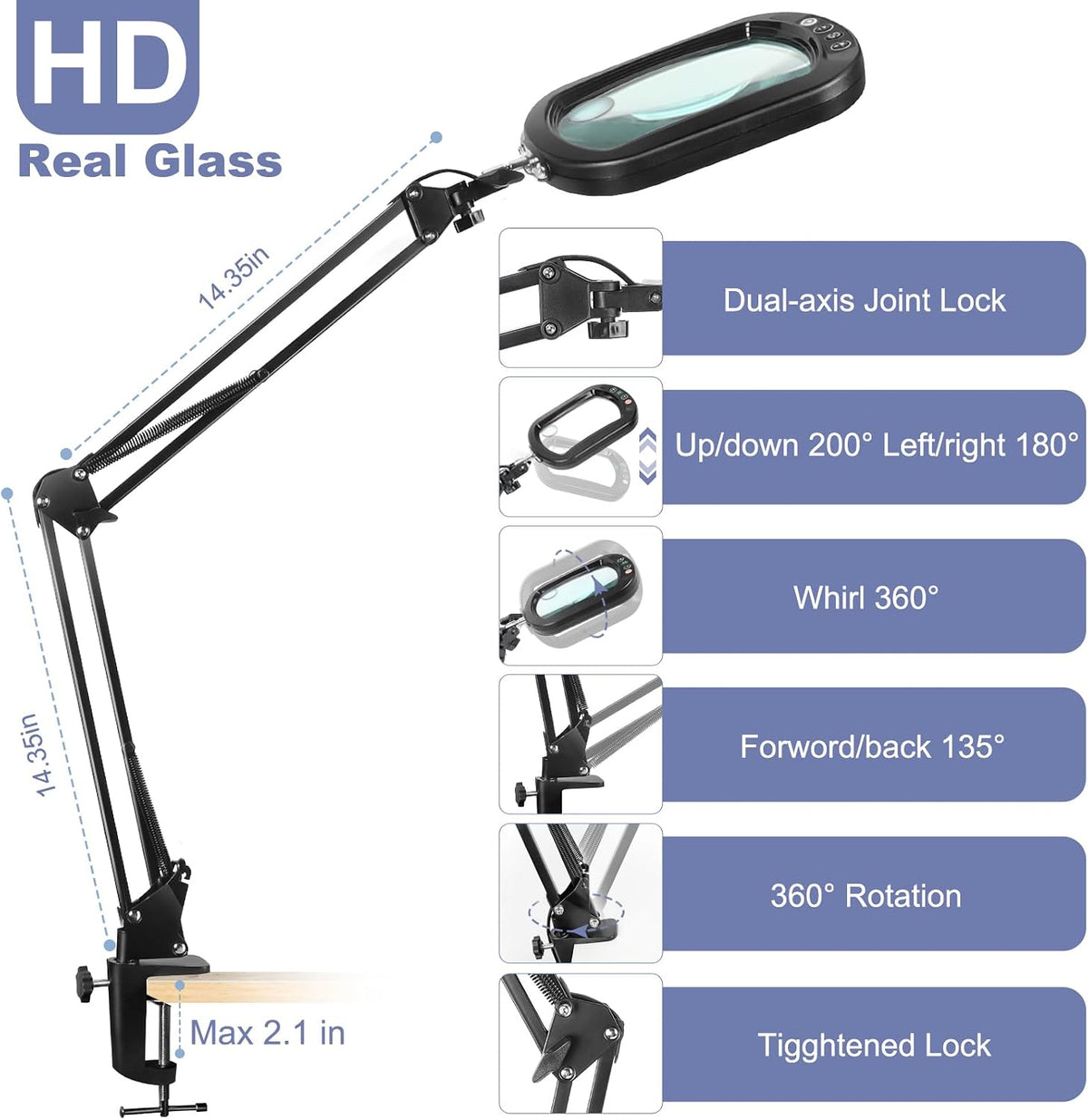 10X Large Magnifying Glass with Light and Clamp, Real Glass, 5 Color Modes, Stepless Dimmable, Lighted Magnifier with Stand Hands Free, LED Swing Arm Desk Lamp for Close Work, Craft, Reading, Painting