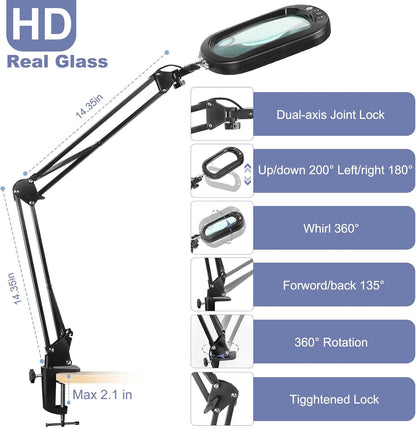 10X Large Magnifying Glass with Light and Clamp, Real Glass, 5 Color Modes, Stepless Dimmable, Lighted Magnifier with Stand Hands Free, LED Swing Arm Desk Lamp for Close Work, Craft, Reading, Painting