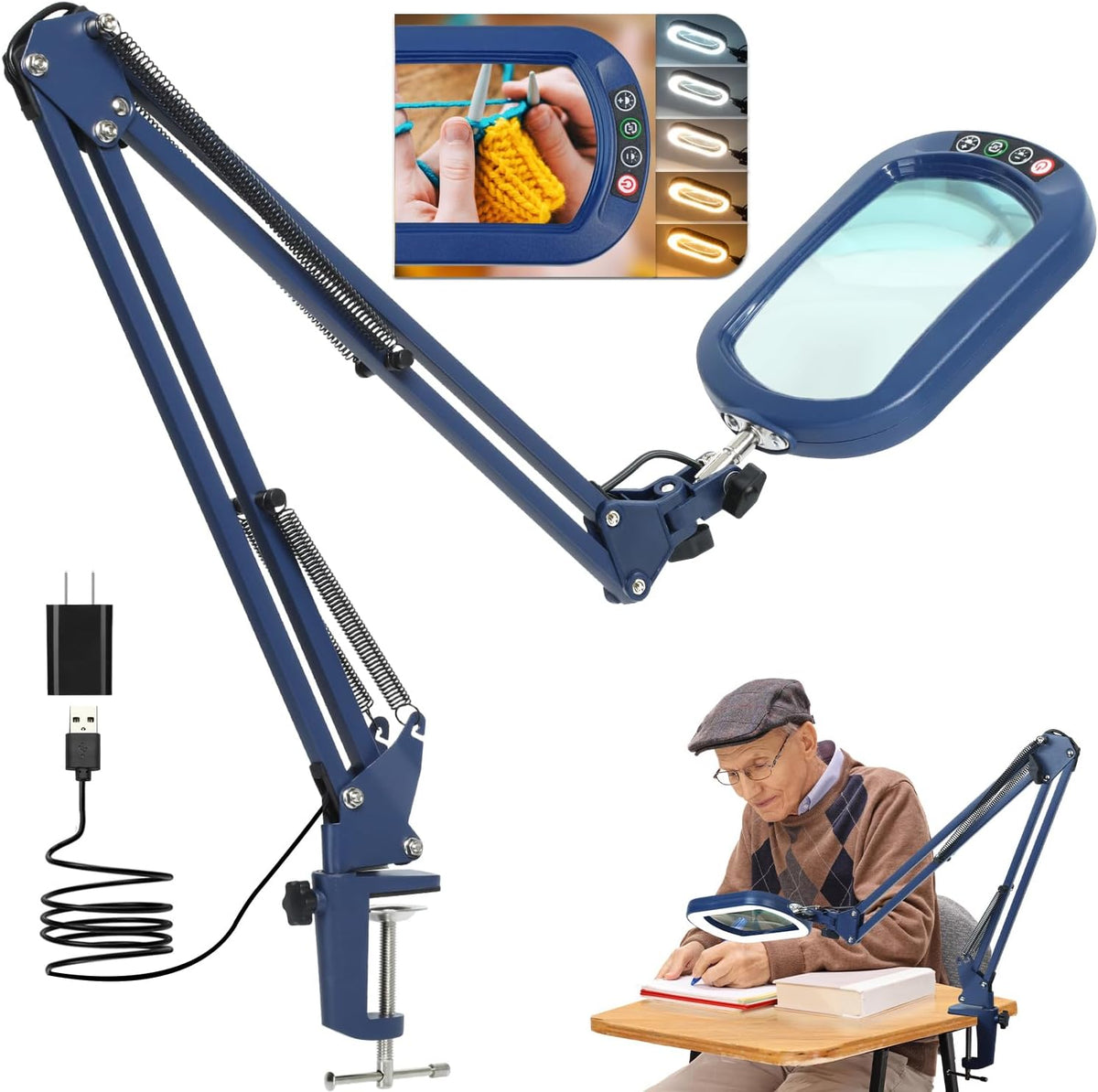 10X Large Magnifying Glass with Light and Clamp, Real Glass, 5 Color Modes, Stepless Dimmable, Lighted Magnifier with Stand Hands Free, LED Swing Arm Desk Lamp for Close Work, Craft, Reading, Painting