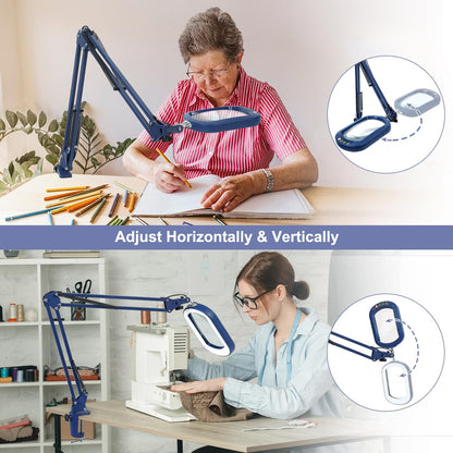 10X Large Magnifying Glass with Light and Clamp, Real Glass, 5 Color Modes, Stepless Dimmable, Lighted Magnifier with Stand Hands Free, LED Swing Arm Desk Lamp for Close Work, Craft, Reading, Painting