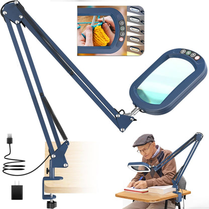 10X Large Magnifying Glass with Light and Clamp, Real Glass, 5 Color Modes, Stepless Dimmable, Lighted Magnifier with Stand Hands Free, LED Swing Arm Desk Lamp for Close Work, Craft, Reading, Painting