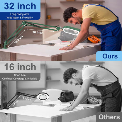 10X Large Magnifying Glass with Light and Clamp, Real Glass, 5 Color Modes, Stepless Dimmable, Lighted Magnifier with Stand Hands Free, LED Swing Arm Desk Lamp for Close Work, Craft, Reading, Painting