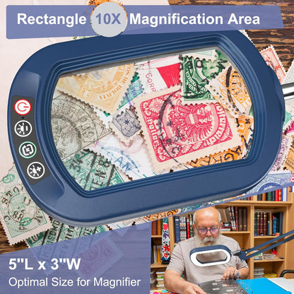 10X Large Magnifying Glass with Light and Clamp, Real Glass, 5 Color Modes, Stepless Dimmable, Lighted Magnifier with Stand Hands Free, LED Swing Arm Desk Lamp for Close Work, Craft, Reading, Painting