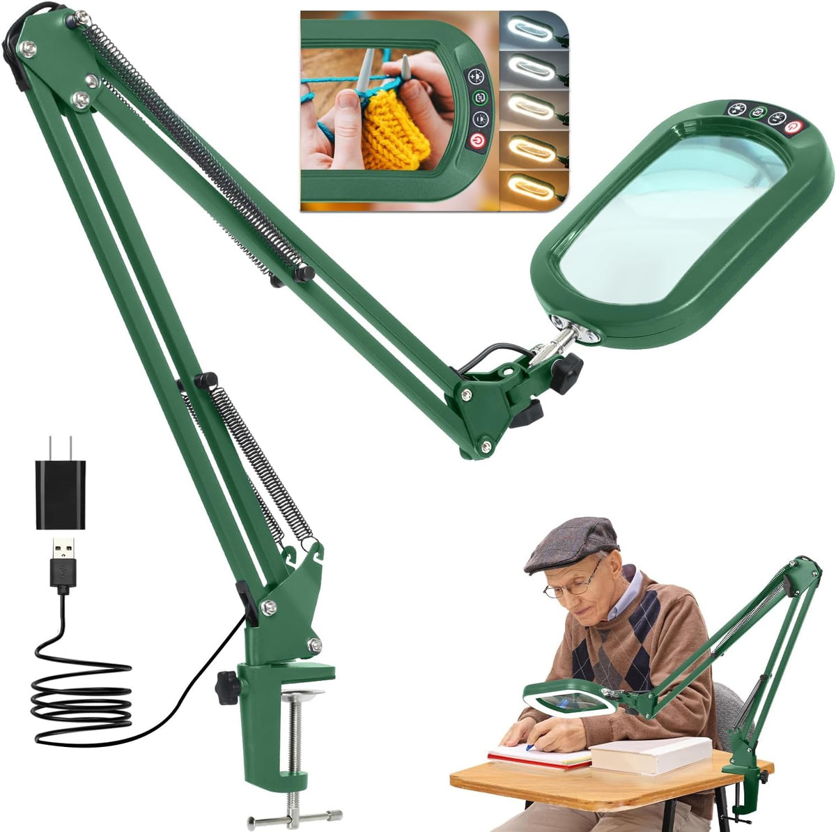 10X Large Magnifying Glass with Light and Clamp, Real Glass, 5 Color Modes, Stepless Dimmable, Lighted Magnifier with Stand Hands Free, LED Swing Arm Desk Lamp for Close Work, Craft, Reading, Painting